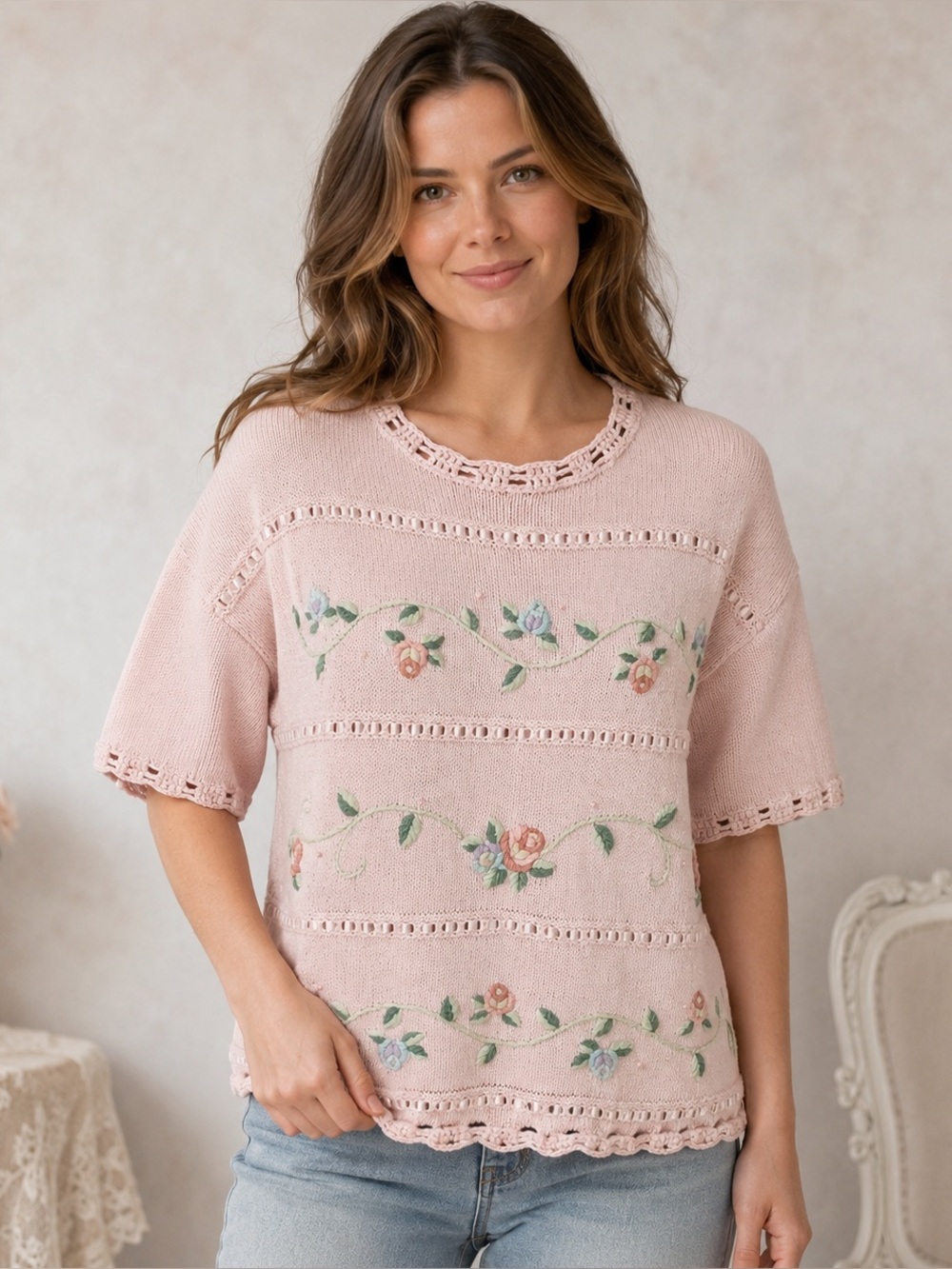 Vintage Ship’n Shore Pink Floral Embroidered Sweater Medium Cottagecore Coquette